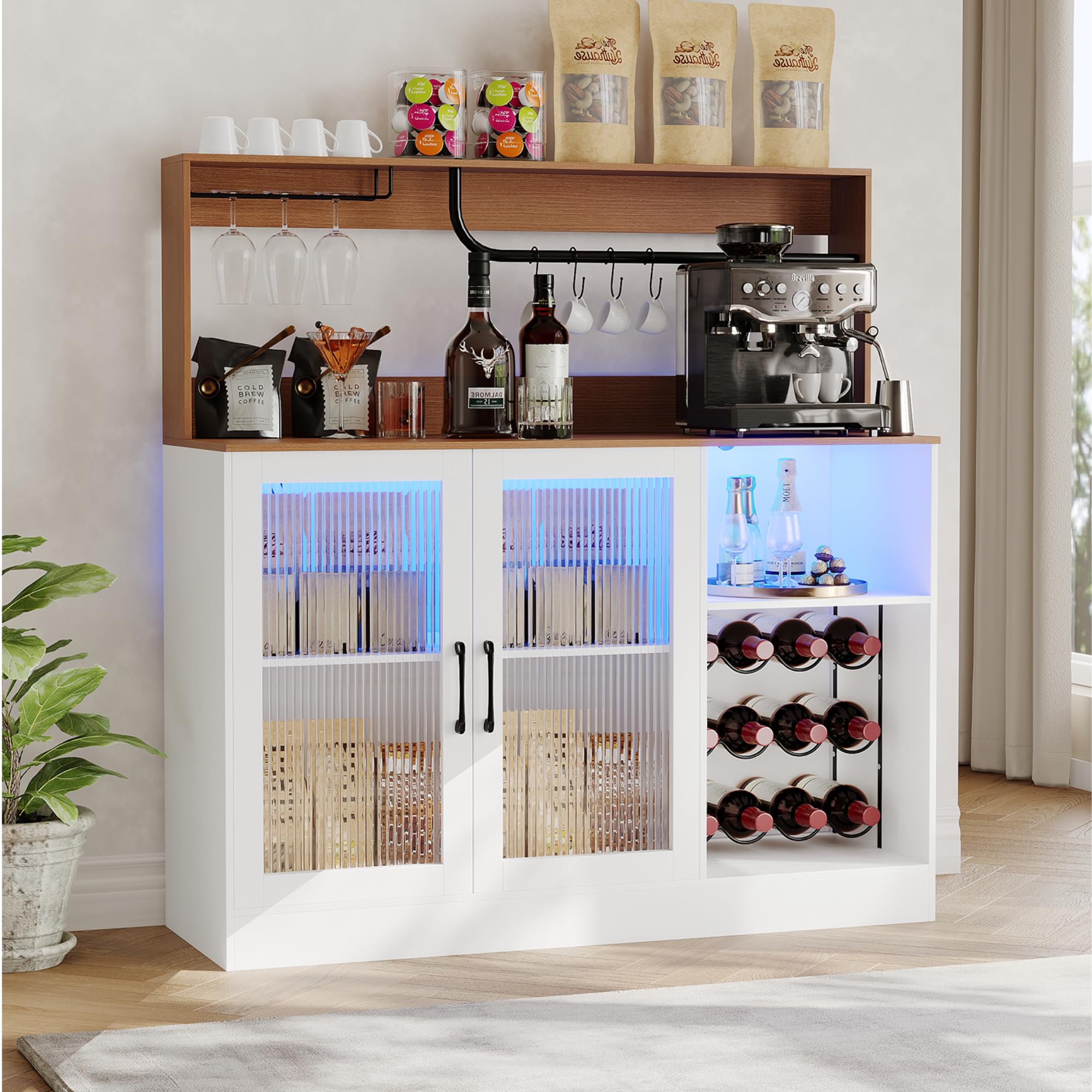 Home Bar Shelves - LED Işıklı Şarap Barı Dolabı, Bardaklık,