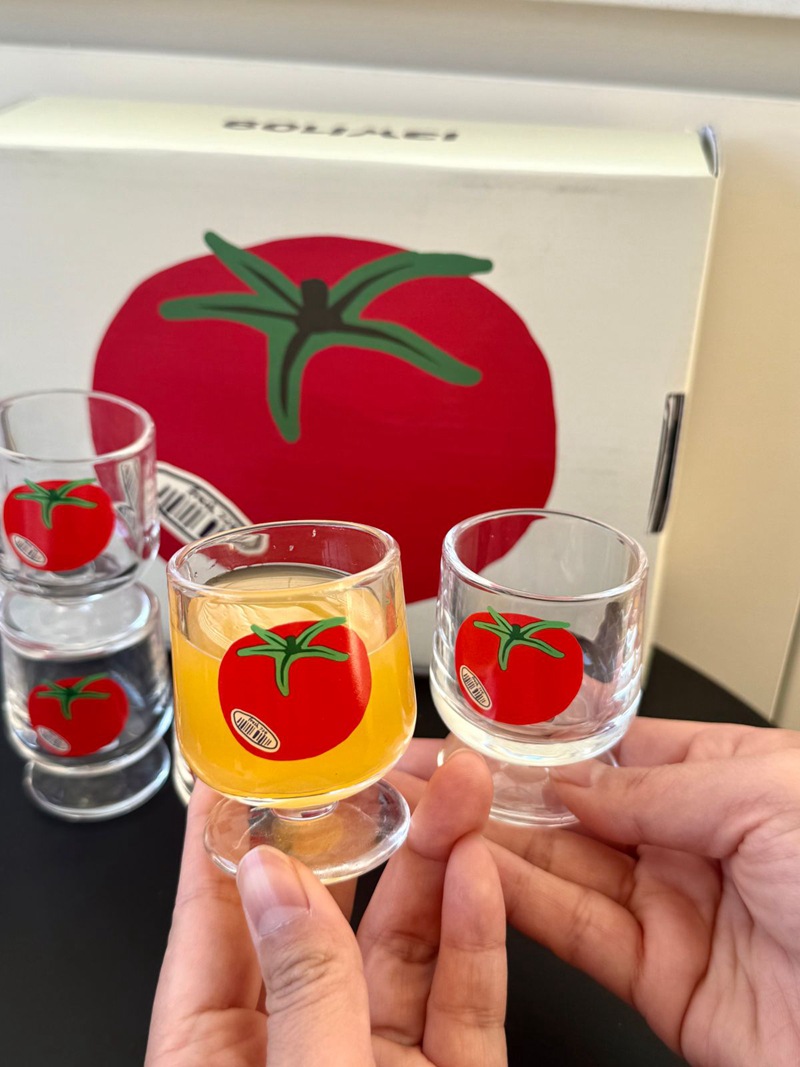 Highball Glass Set - Şirin Domates Desenli, Yüksek Kenarlı Bardak